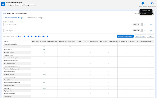Salesforce Manager :: Compare Salesforce Permission Sets and Profiles across object & field permissions in a visual matrix. Excel import/export.
