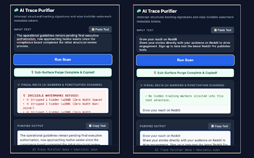AI Trace Purifier :: Strips invisible tracking tokens and metadata from AI text.