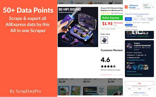 AliExpress Scraper – Export Ali express Reviews, Listings & Seller Export :: Scrape and download AliExpress data with ease. Get listings, reviews, seller details, and images directly in your browser.