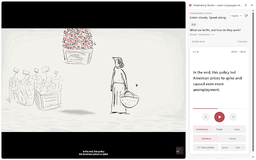 Shadowing Studio – Learn Languages with YouTube :: Learn languages with YouTube captions: sentence and chunk practice, looping, speed controls, and local subtitle export.