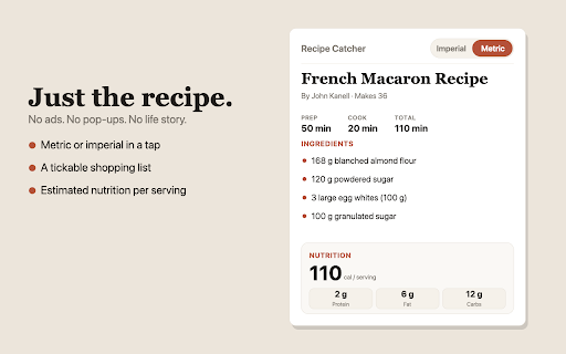 Recipe Catcher :: Grab just the ingredients and instructions from any recipe page — no ads, no pop-ups. Clean, printable, metric or imperial.