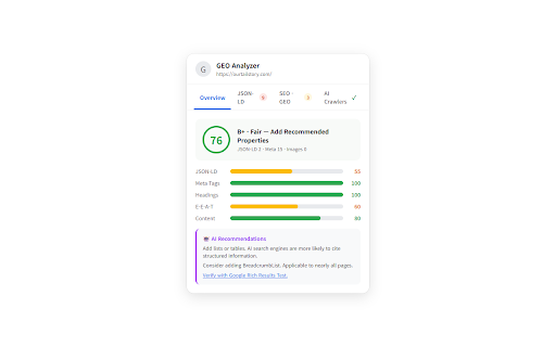 GEO Analyzer :: JSON-LD 구조화 데이터 + GEO(Generative Engine Optimization) 분석기. Google Rich Results & AI 검색엔진 최적화.
