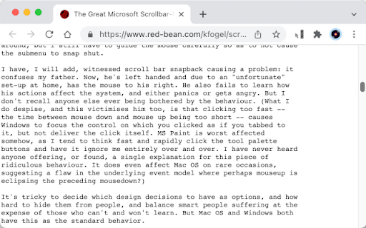 Restore Scrollbar Position for Mac :: Restores the last scrollbar position when dragging the scrollbar when your mouse leaves the scrollbar's buffer zone.