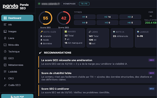 Panda SEO - Audit SEO & GEO :: Audit SEO, GEO & CRO en 1 clic. Scores, Hn, images, liens, mots-cles, lisibilite, operateurs Google et 80+ outils SEO.
