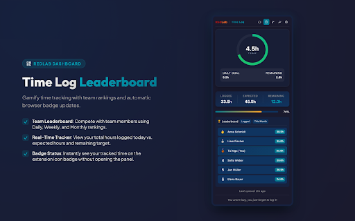 RedLab :: Redmine time tracking and GitLab merge-request sync. Hours, team leaderboard, ticket status, and local OTP.