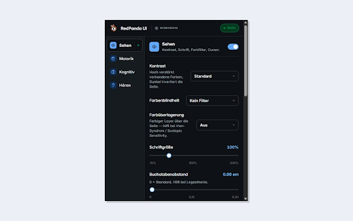 Red Panda UI: Universelle Barrierefreiheit App :: Barrierefreiheit für jede Webseite – diagnosebasiert, lokal & datenschutzkonform. Kein Tracking.