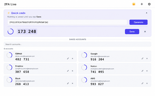 2FA Live — Authenticator & OTP Code Generator :: Secure 2FA / OTP authenticator (TOTP) — scan a QR code or enter a secret manually. Fully encrypted, 100% local, no account needed.