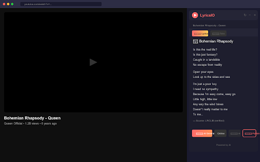 LyricsIO - YouTube Lyrics Finder :: Automatically detects songs playing on YouTube and displays lyrics using AI