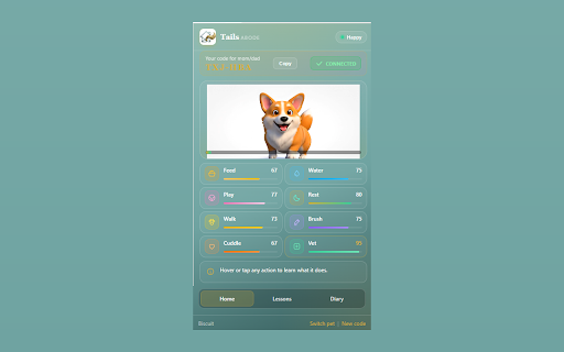 TailsAbode: Virtual Pet for Kids :: A virtual pet that lives in your browser. Care for it, learn how to look after real animals, and earn the way toward real adoption.