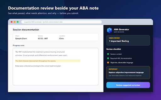 ABA Generator — Note Reviewer :: Audit ABA session notes for documentation compliance without leaving your practice management platform.