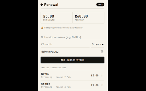 Renewal — Subscription Tracker :: Track every subscription, see what's about to renew, and know exactly what you're spending each month.