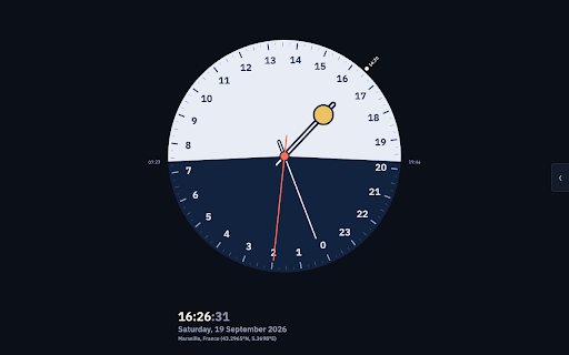 Analogous Clock :: 24-hour analog clock with day/night shading, moon phase, and up to twelve time zones on one dial. Click the icon to open it.