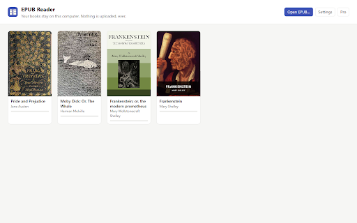 EPUB Reader - Local & Private :: Read EPUB books in Chrome, fully offline. Library, search, paginated or scrolling, themes. Nothing leaves your computer.