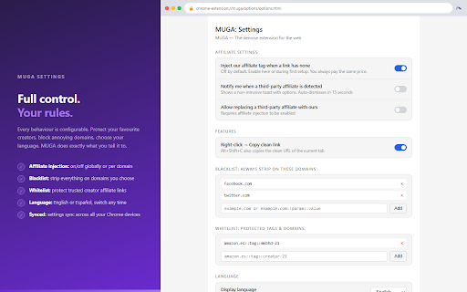 MUGA: The URL denoise extension for the web :: Clean the tracking noise from your URLs without breaking them. No analytics, no telemetry. Open source.