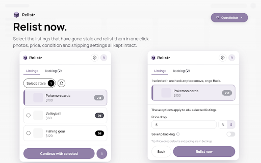 Relistr: Relist on Facebook Marketplace :: Relist Facebook Marketplace listings in one click - single, bulk, or from your backlog. Keeps photos, price, shipping & details.