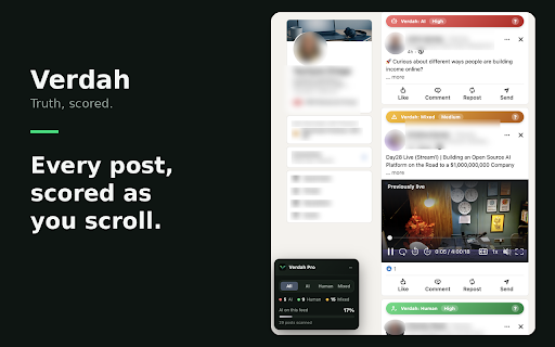 Verdah :: Highlights likely AI-written posts on LinkedIn with confidence-scored badges.