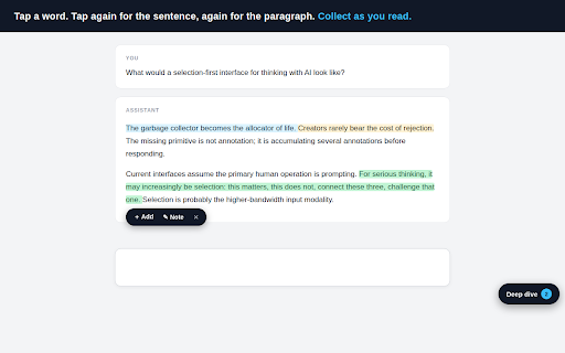 Assay: Deep Dive for AI Chats :: Tap to collect, highlight and annotate passages in AI chats, then send them back as one deep-dive prompt. 100% local, no account.
