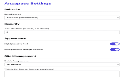 Anzapass :: Securely toggle password visibility with an in-field icon and advanced, customizable features.
