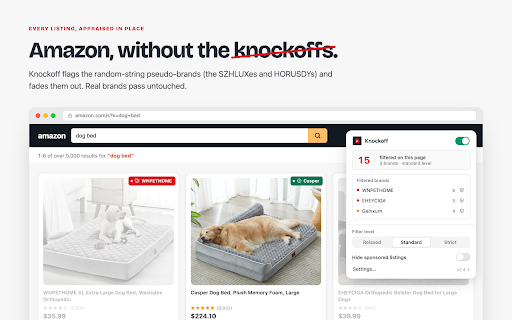 Knockoff - Amazon Brand Filter :: Filters pseudo-brand junk out of Amazon and can hide sponsored listings. Buy from real, established brands.