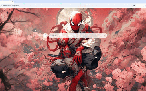 Spider-Man Japanese Blossoms Live Wallpaper :: Spider-Man crouches amid cherry blossoms wearing samurai garb with katana at his side.