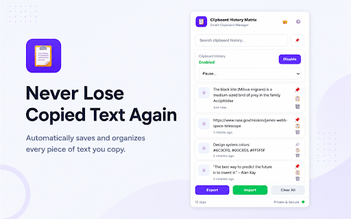 Clipboard History Matrix :: Browser clipboard manager with clipboard history, search, pinning, export and import.