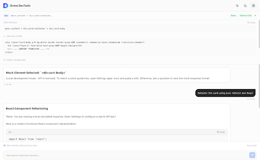 Divine DevTools :: Visual DOM Inspector and AI Side Panel for web app development with Skills integration.