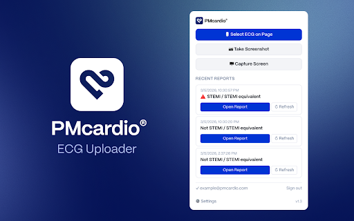 PMcardio for Organizations – ECG Uploader :: Upload ECG images to PMcardio for analysis via right-click or visual selection.