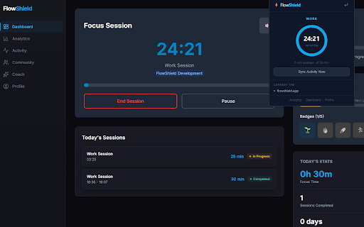 FlowShield :: Focus timer, activity tracking & distraction blocking. Works with your FlowShield dashboard across all devices.
