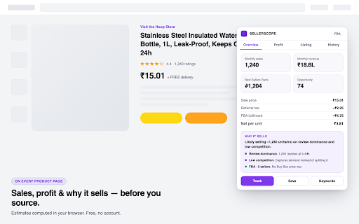 SellerScope — Product & Keyword Research :: Sales estimates, fees, profit and keyword research for Amazon sellers across 9 marketplaces. Computed locally, no account.