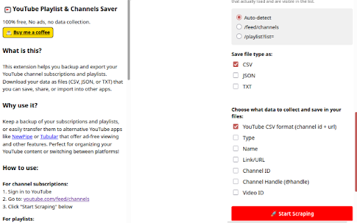 Youtube Subs & Playlist Saver :: Export and back up YouTube subscriptions and playlists to CSV, JSON, or TXT for easy backup and migration.