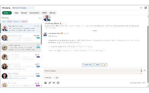 LD ChatSize :: Resize any panel in LinkedIn Messages by dragging: conv list, chat, composer, and grey margins.