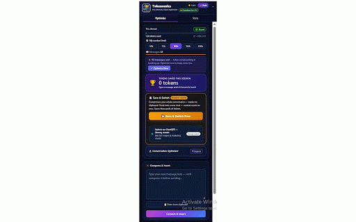 Tokenomics — AI Token Optimizer :: Track & save tokens on Claude and ChatGPT. Live budget warnings, smart compression, context snippets, and Save & Switch.