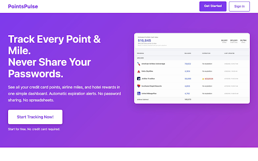 PointsPulse - Track Points & Miles :: Track your credit card points, airline miles, and hotel rewards in one dashboard. Never share passwords. Never lose points.