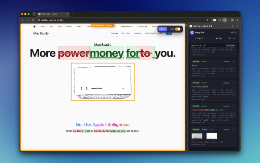 Redline — inline diff :: Edit page text inline from a side panel, track changes with live inline diffs, and share a machine-readable changeset to re-apply.