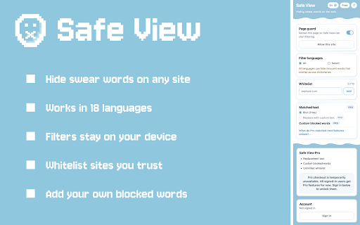 Safe View — Swear Word & Profanity Filter :: Hide swear words and profanity on any website. Blur or replace curses locally — page text never leaves your device.