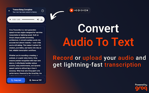 Audio To Text Transcription :: Use Audio To Text Transcription powered by Groq and Whisper to convert your voice recording or audio file into clear text instantly