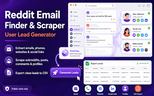 Reddit Emails Finder & Phone Number Scraper - Lead Tool :: Find emails, phone numbers and social profiles on Reddit. Export verified leads from posts, subreddits and profiles to CSV.