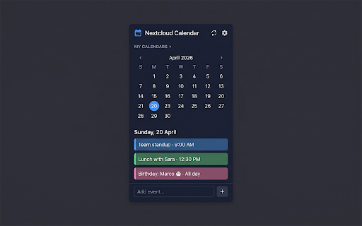 Calendar for Nextcloud :: Fast, private access to your Calendar for Nextcloud — browse events, create with natural language, manage multiple calendars.