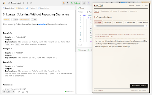 LeetHelp :: Progressive hints for LeetCode, Codeforces, HackerRank, AtCoder and CodeChef. Code rating and a 100-pattern DSA reference.