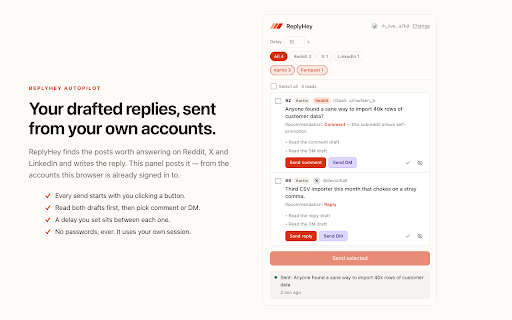 ReplyHey Autopilot :: Posts your approved ReplyHey drafts from your own Reddit, X and LinkedIn accounts, in your own browser.