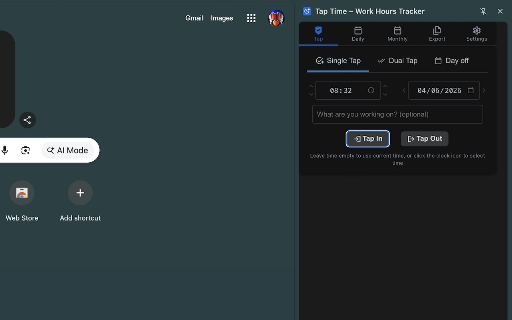 Tap Time – Work Hours Tracker :: Track work hours with one tap. Daily logs, calendar view, export reports. Zero signup — your data stays private & local. Free.