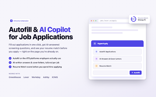 AI Job Application Autofill & Auto Apply: HyperApply :: Land job interviews faster: autofill applications, AI-answered screening questions, cover letters, and a resume match score.
