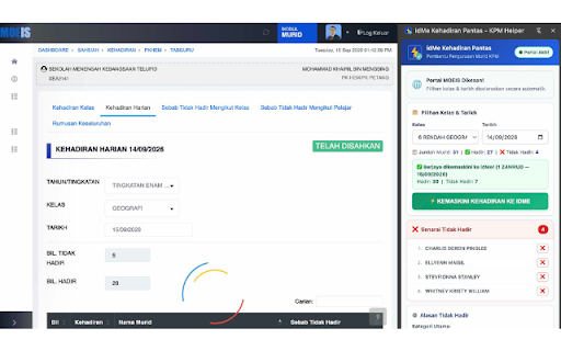 idMe Kehadiran :: Pembantu pantas pengemaskinian kehadiran murid di portal idMe KPM & MOEIS Pelajar dengan integrasi Google Sheets.