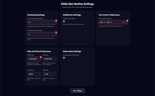 DVSA Test Slot Monitor :: Monitors the DVSA website for driving test slots and notifies the user.