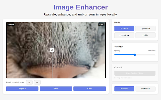 image enhancer :: Fix blurry, low quality photos in one click with an AI image enhancer that upscales resolution, privately.