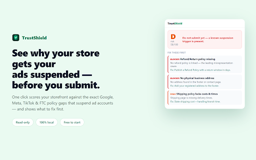 TrustShield — Ad Suspension Risk Audit :: Audit your store for the trust-signal gaps that get Google/Meta/TikTok ad accounts suspended — see what to fix first. 100% local.