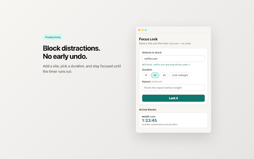 Focus Lock :: Block distracting websites for a fixed time with no early undo.