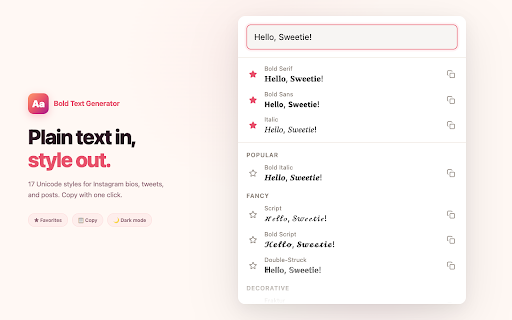 Bold Text Generator :: Create bold, italic, and fancy Unicode text for social media posts, bios, and messages. 17 styles — just copy and paste.