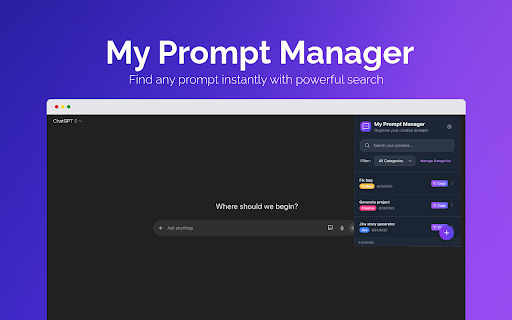 My Prompt Manager :: Personal prompt library for AI platforms. Store, organize, and instantly insert your best prompts with one click.