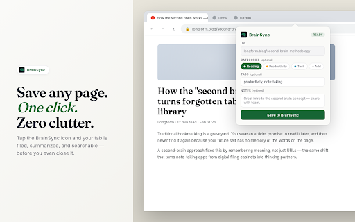 BrainSync — Save to Your Second Brain :: Save any page to BrainSync with one click. AI summarizes, tags, and organizes it for you.